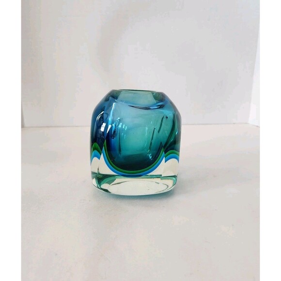 Vintage MCM Flavio Poli Murano Sommerso Faceted Glass Cube Vase Candle Holder